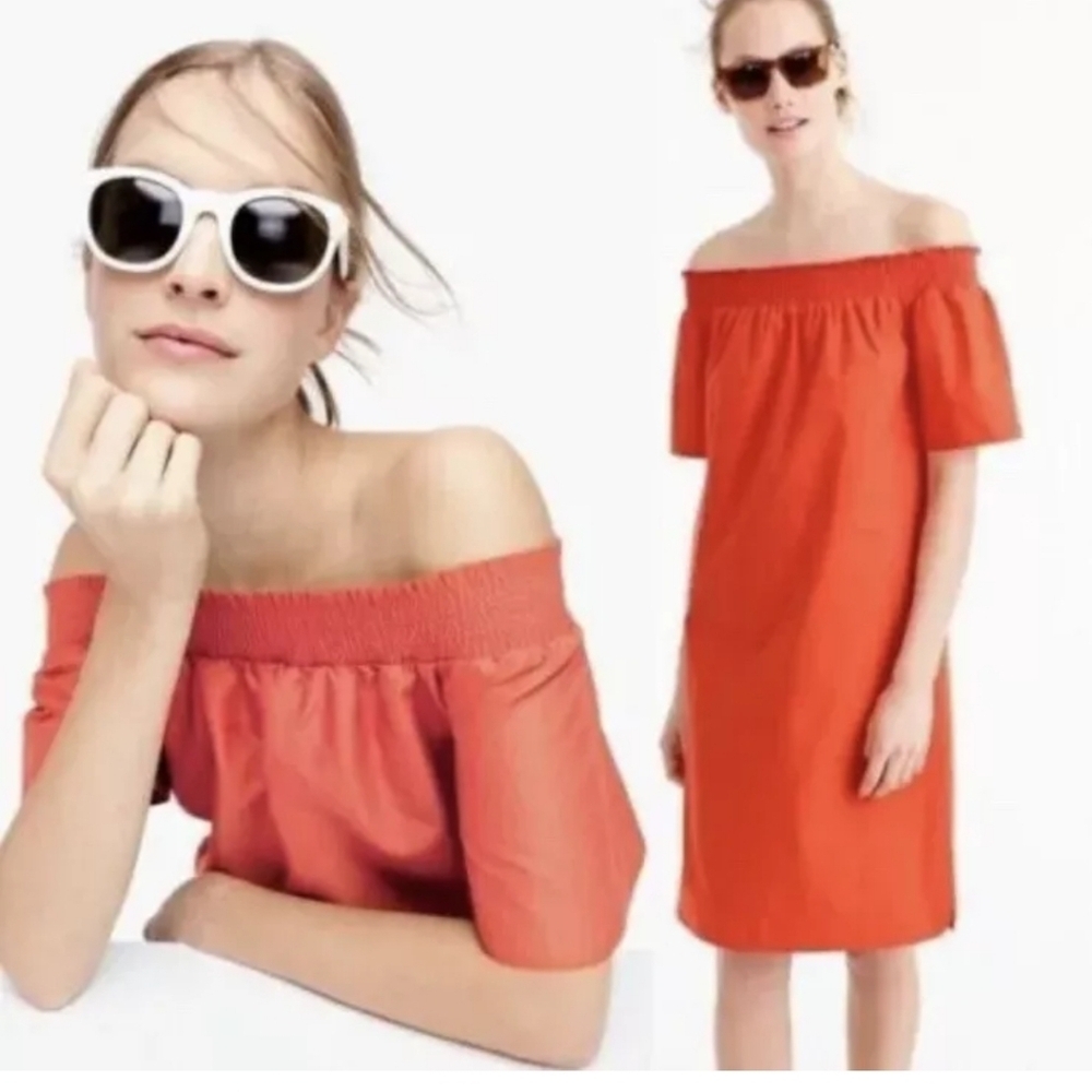 J. Crew Women Off The Shoulder Orange Cotton Babydoll Smocked‎ Dress Size 2